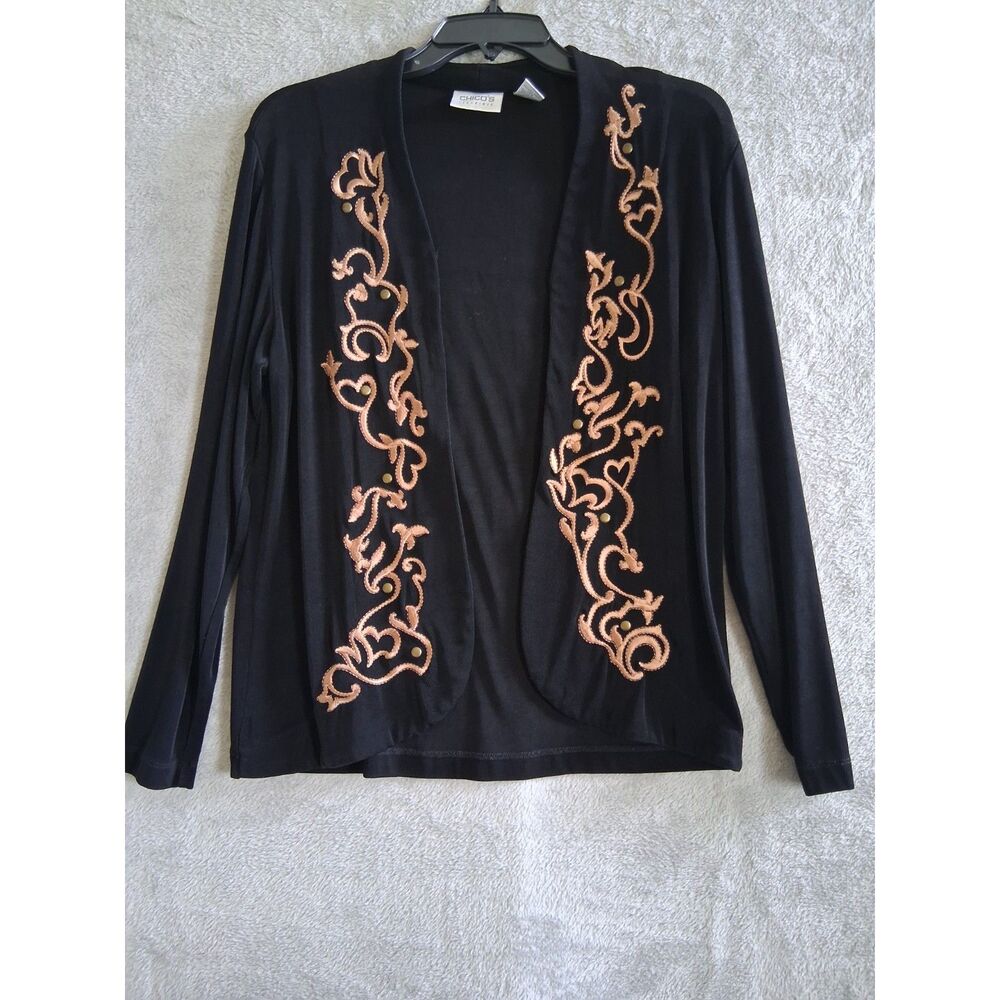 Chicos Travelers Cardigan Sz 1 M Embroidered Studded Liquid Knit Boho Western‎